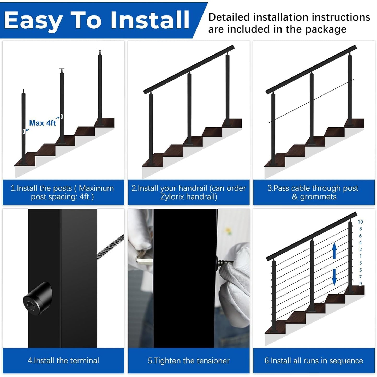 Zylorix 36" 8-16FT Swageless Modular Black Cable Railing System Post Kit with 2 Stair Posts Fit 28-38 Degree Stairway, T304 Stainless Steel, Patent Reusable Cable Railing Kit, Upgraded Powder Coated