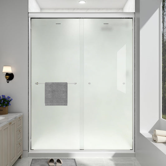 EASYWORC Double Sliding Shower Door, 55"-60" W x 70" H Semi-Frameless Frosted Shower Door, 1/4'' (6mm) Frosted SGCC Tempered Glass with Nano Coating and Explosion-Proof Film, Brushed Nickel