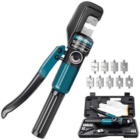 Hydraulic Crimping Tool for 1/8"-3/16" Cable Railing, Easy One-Hand Use, 10-Ton Crimper with 9 Harden Dies for 12-2/0 AWG, Steel DN Mate Durable Wire Crimper, Battery Cable Crimper DC01