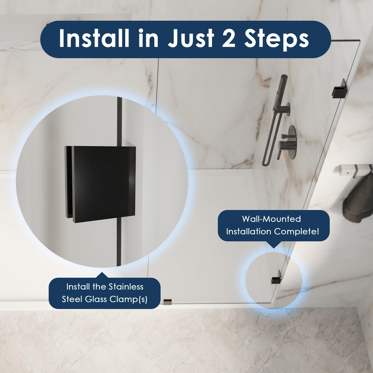 32" W x 72" H Fixed Shower Glass Panel, 3/8” 10mm Single Frameless Shower Doors for Walk in Shower with Clear Tempered Glass Explosion-Proof Film for Bathroom, Matte Black