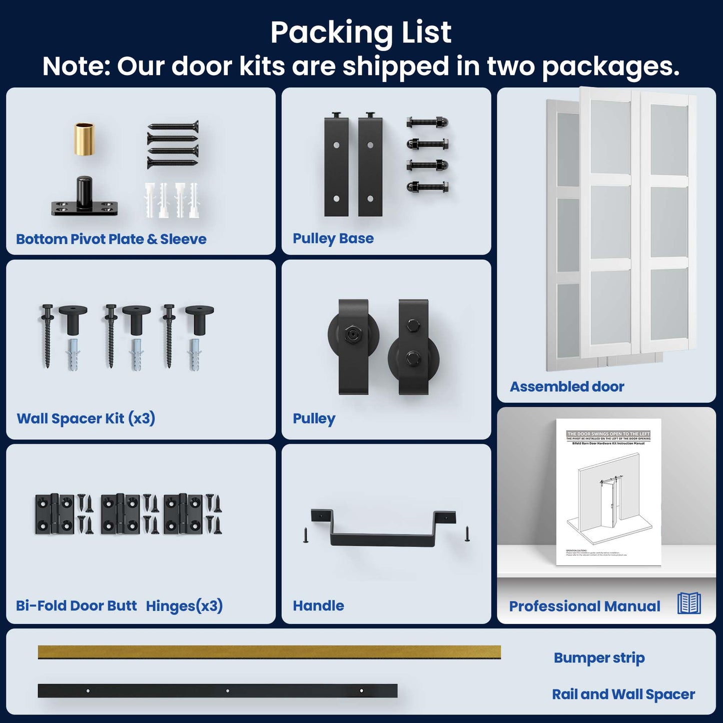 SMARTSTANDARD 48in x 84in Bifold Barn Door, Frosted Glass Barn Door with Hardware Kit Included, Pre-Drilled Holes Easy Assembly -Solid Barn Doors Slab Covered with Water-Proof PVC Surface, White