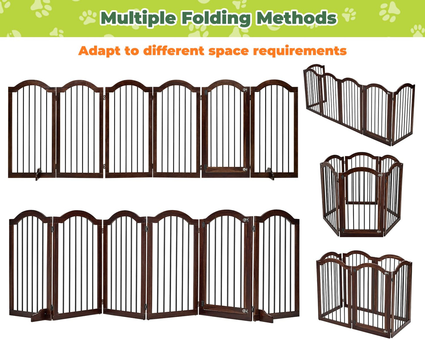 PrimeZone 144" Extra Wide Dog Gate - 36" Tall 6-Panel Solid Acacia Wooden Freestanding Puppy Gates with Door, Foldable Indoor Pet Fence for Doorways, Stairs, Support Feet Included, Brown