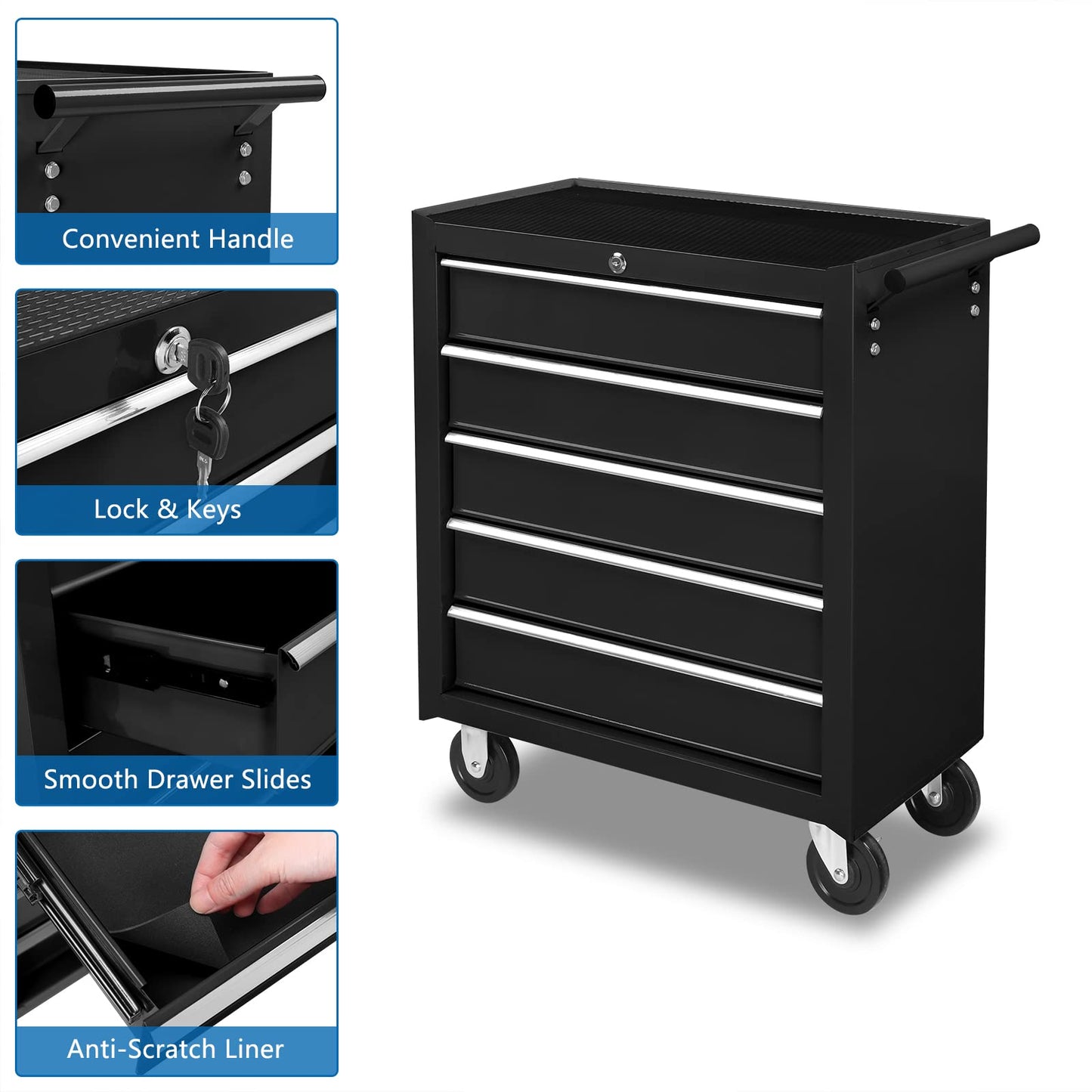 TUFFIOM 5-Drawer Rolling Tool Chest w/Drawers & Lock, Tool Storage Cabinet with Lockable Wheels, Top Cushion & Drawer Liners, Tool Organizer Box for Garage, Warehouse & Repair Sho