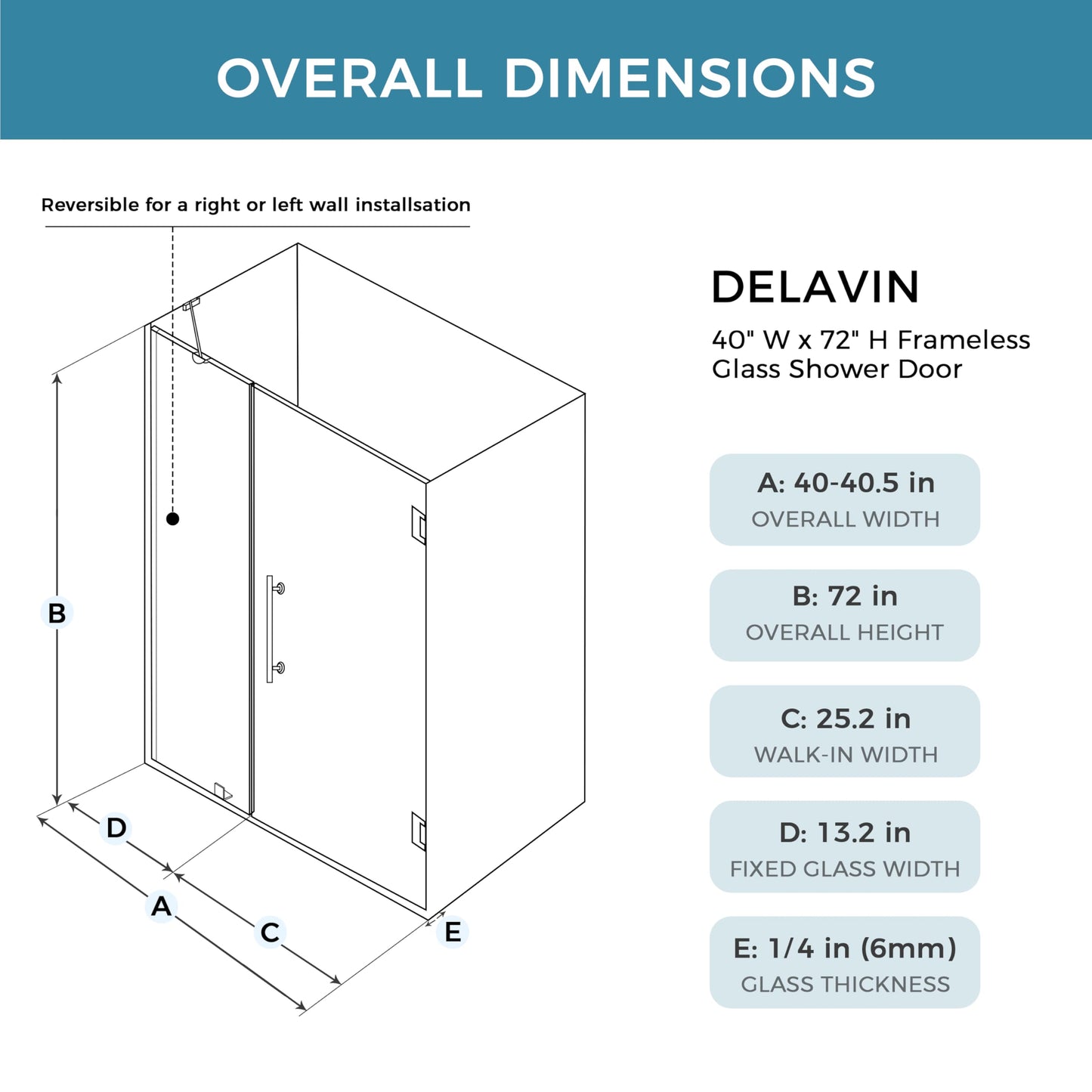 DELAVIN 40-40.5" W x 72" H Frameless Glass Shower Door Adjustable, Hinged Shower Door with Ultra Clear Tempered Glass, Explosion-Proof Film, Pivot Shower Door with Seal Strip and Handle, Gold