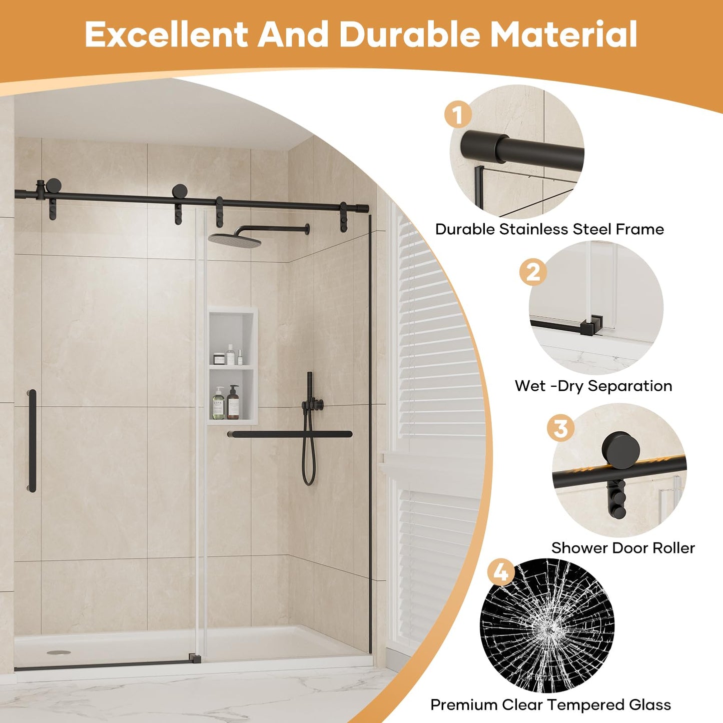 Mybos 74 x 60 Shower Door, Frameless Shower Door, Sliding Shower Glass Door with 5/16" (8mm) Clear SGCC Tempered Glass, Explosion-Proof Film, Stainless Steel Handle, Matte Black