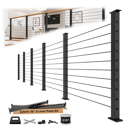 Zylorix 36" Modular 20-24FT Black T304 Cable Railing Post Kit, Complete Cable Railing System with 6 Level Posts & 259ft 1/8" Wire Rope(No Handrail), Adjustable Length Easy DIY for Decks/Porch