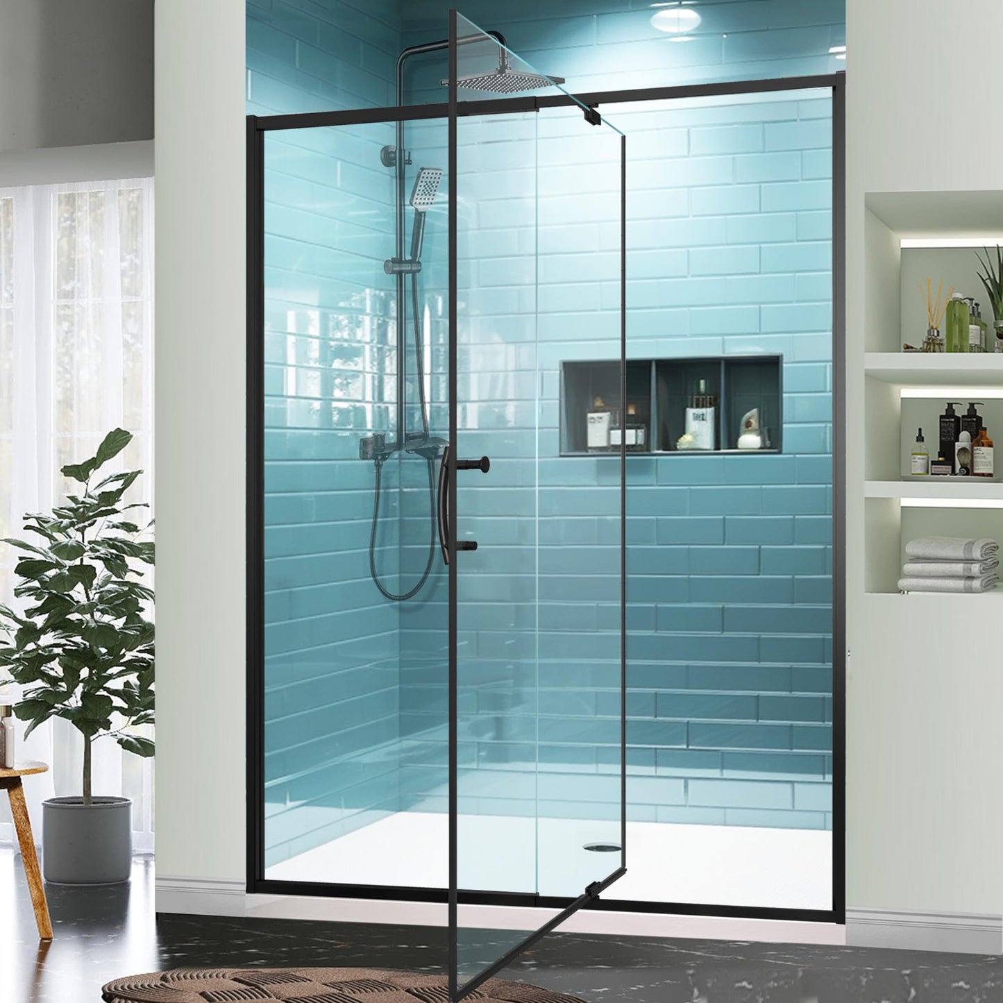 GroGro 56-60" W x 71" H Semi-Frameless Pivot Swing Glass Shower Door,Pivot Shower Door with 1/4" (6mm) Clear SGCC Tempered Glass,Matte Black Finish,Reversible Installation