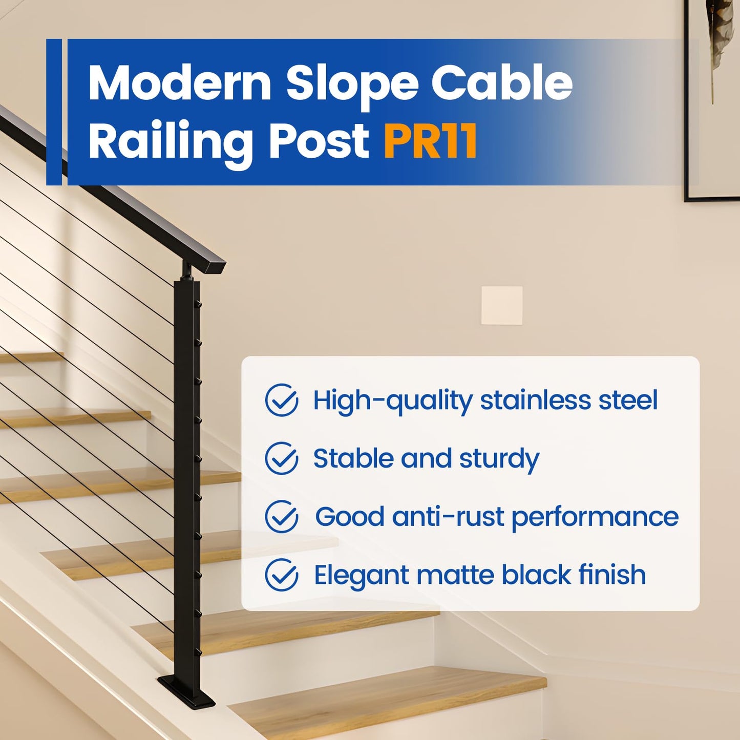 Muzata Black Slope Cable Railing Post 36 Inch for 25-40 Degrees Slope 36"x1"x2" T304 Stainless Steel Cable Railing System Kit Indoor Outdoor with User Guide and 5 Degree Spacer PR11 BA4S