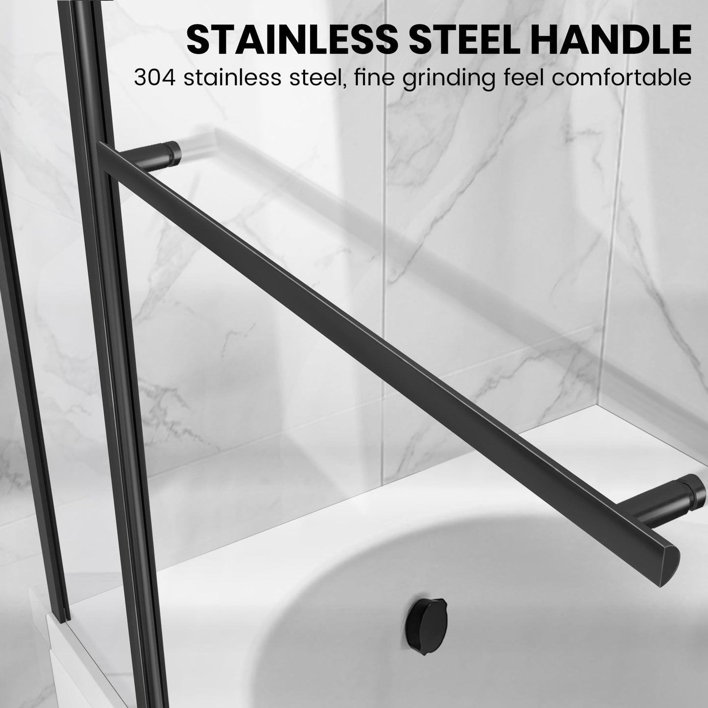 Bathroom Shower Glass Door, Tub Shower Glass Door 43”*58” Screen Panel Tempered Glass, Frameless Pivot Shower Door Matte Black with Handle