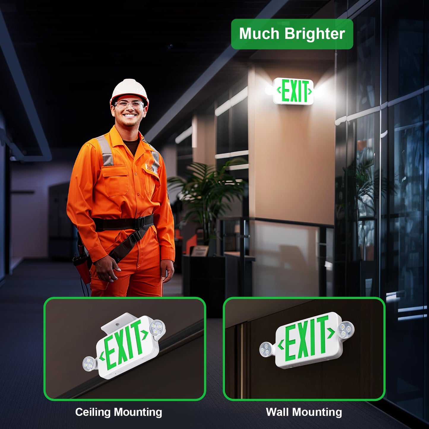 Emergency Exit Sign Lights Combo with Battery Backup, Double Sided Hardwired 6 Leds Exit Signs, Adjustable Heads Green Emergency Exit Lighting Ceiling/Wall Mount, UL Listed, AC 120/277V (1 Pack)