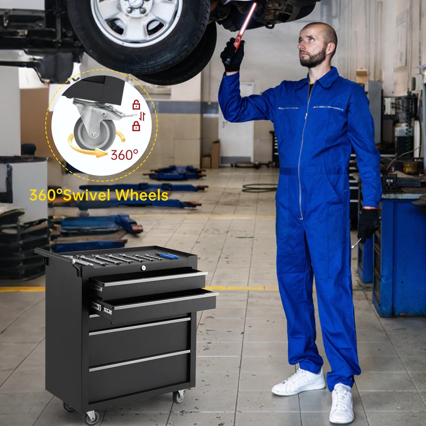Professional 24 Inch 5-Drawer Tool Chest on Wheels, Constructed with Durable Cold-Rolled Steel, Features 4 Swivel Locking Casters & Full-Extension Drawer Slides, Mobile Tool Storage for Mechanics and