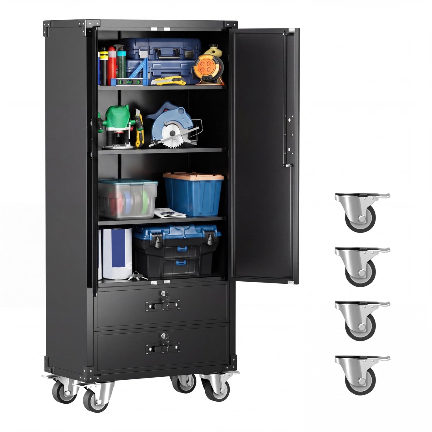Towallmark Metal Storage Cabinet with Wheels, 72 Inch Tall Rolling Garage Storage Cabinet with 2 Drawers and 2 Doors, Lockable Steel Cabinet with 3 Adjustable Shelves for Home, Office, Shop, Black