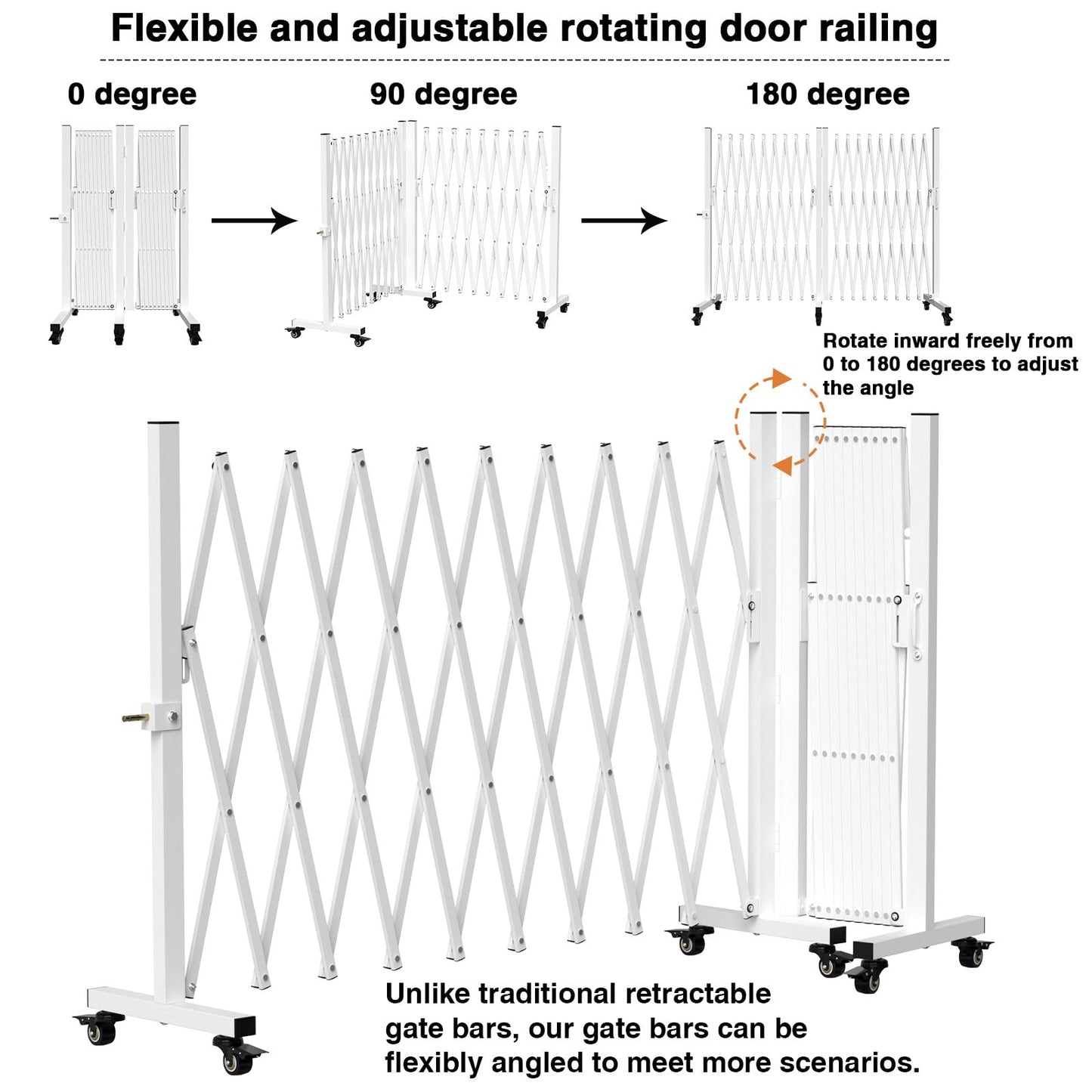 Retractable Outdoor Dog Gate, 207'' Wide Driveway Gate Expandable Portable Fence, Two-Segment 0-180 Degrees Rotatable Design Yard Garden Fence, Metal Safety Barrier Gates (White, 39.76 * 213)