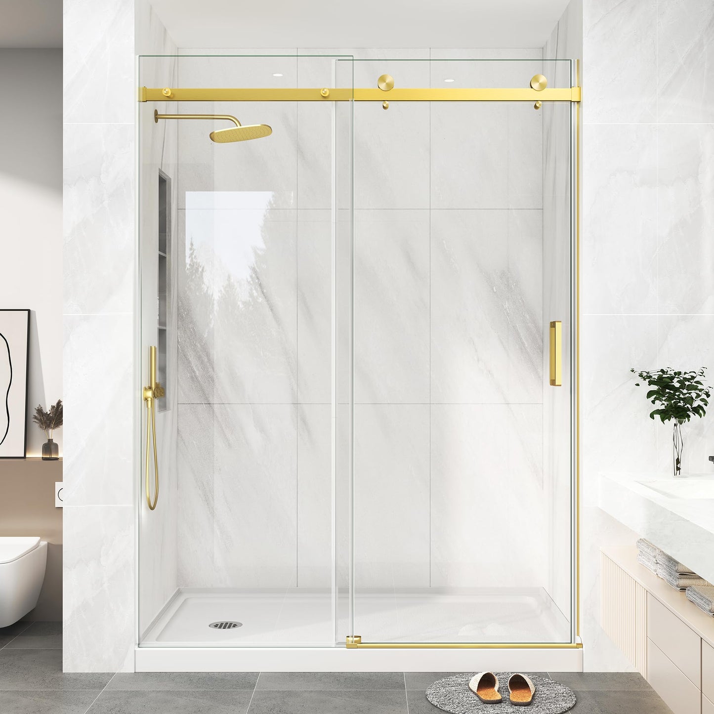 KPUY Frameless Shower Door, 49-54" W x 76" H Sliding Shower Glass Door, 1/4" (6mm) Thick Tempered Clear Glass with Explosion-Proof Film Nano Coating in Brushed Gold Finish