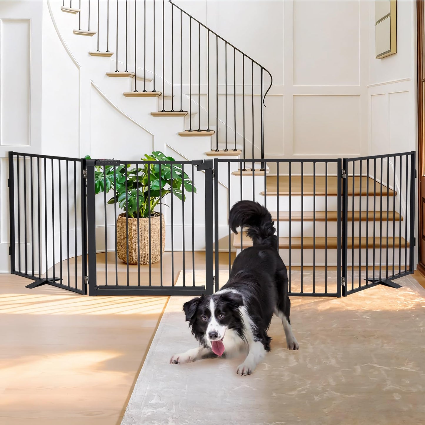 Snagle Paw Extra Wide Dog Gate,Free Standing Dog Fence with Door, Up to 104 Inch Wide Pet Gate with Support Feet for Stairs, Hallways, Doorways, Yard (Black, 4 Panels)