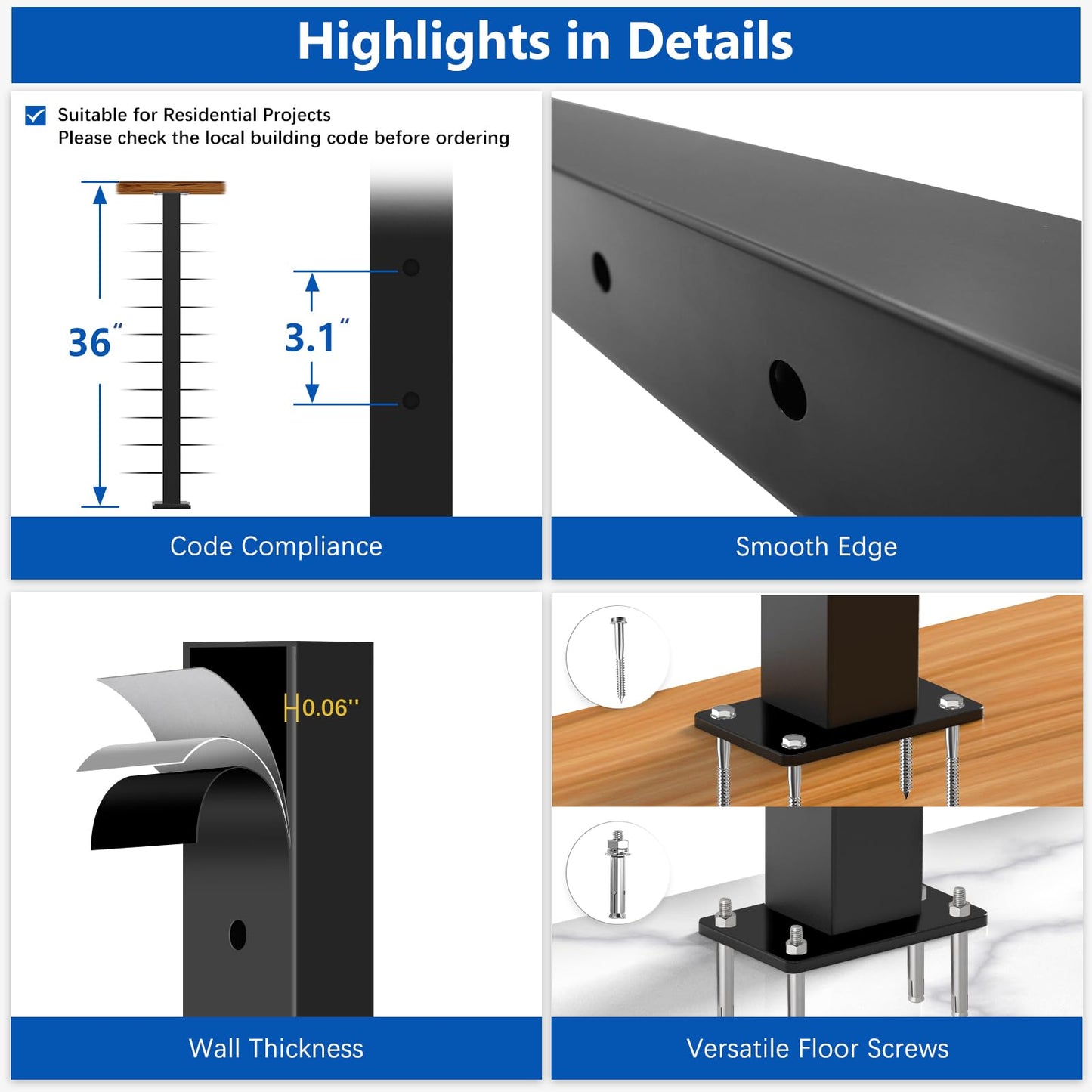 Zylorix 36" T304 Cable Railing Post(Post 35"x2"x2"), Level Drilled Railing Post with Cable Grommets, Modular Fixed Top Mount Cable Handrail Post, Stainless Steel Black Finish Indoor Outdoor Deck Post