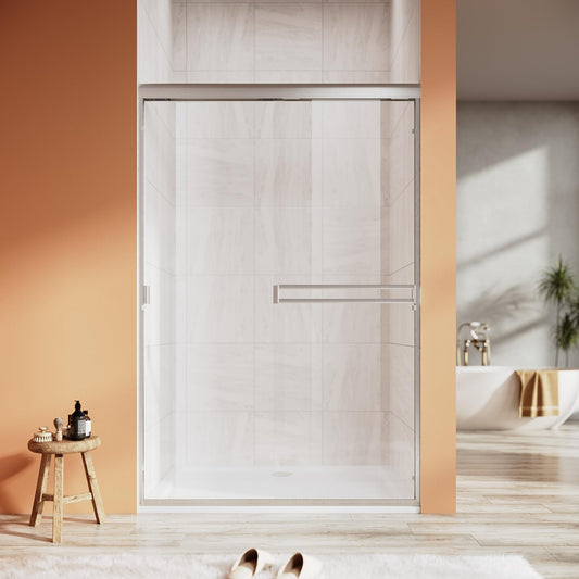 Double Sliding Shower Door 48 in. W x 72 in. H, UCALAFEE Semi-Frameless Shower Door with 1/4" (6mm) SGCC Clear Tempered Glass, Silent Soft-Close & Anti-Leak Walk-in Shower Door, Brushed Nickel