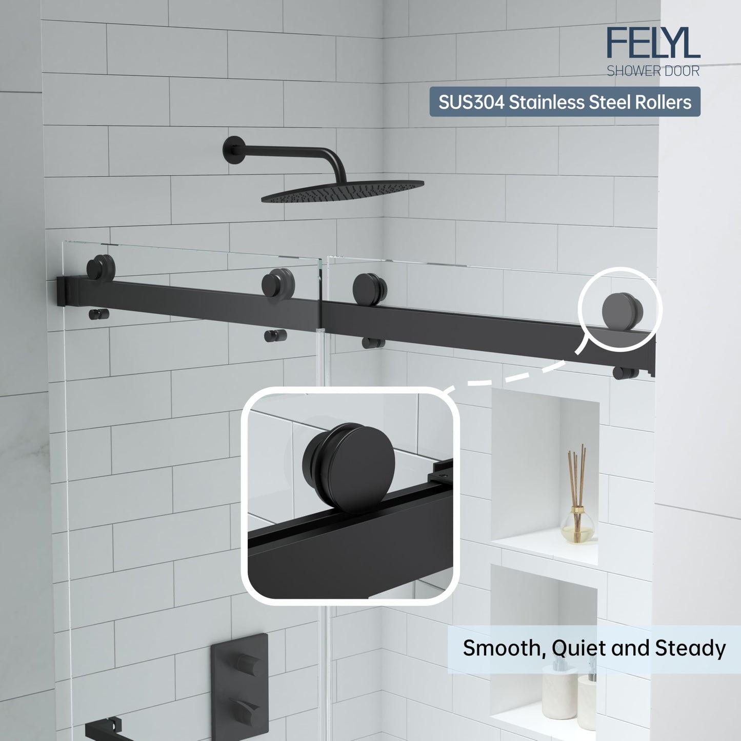 FELYL Black Double Sliding Shower Door 43-48" W x 76" H, Double Sliding Door, Frameless, 5/16" (8mm) Tempered Glass