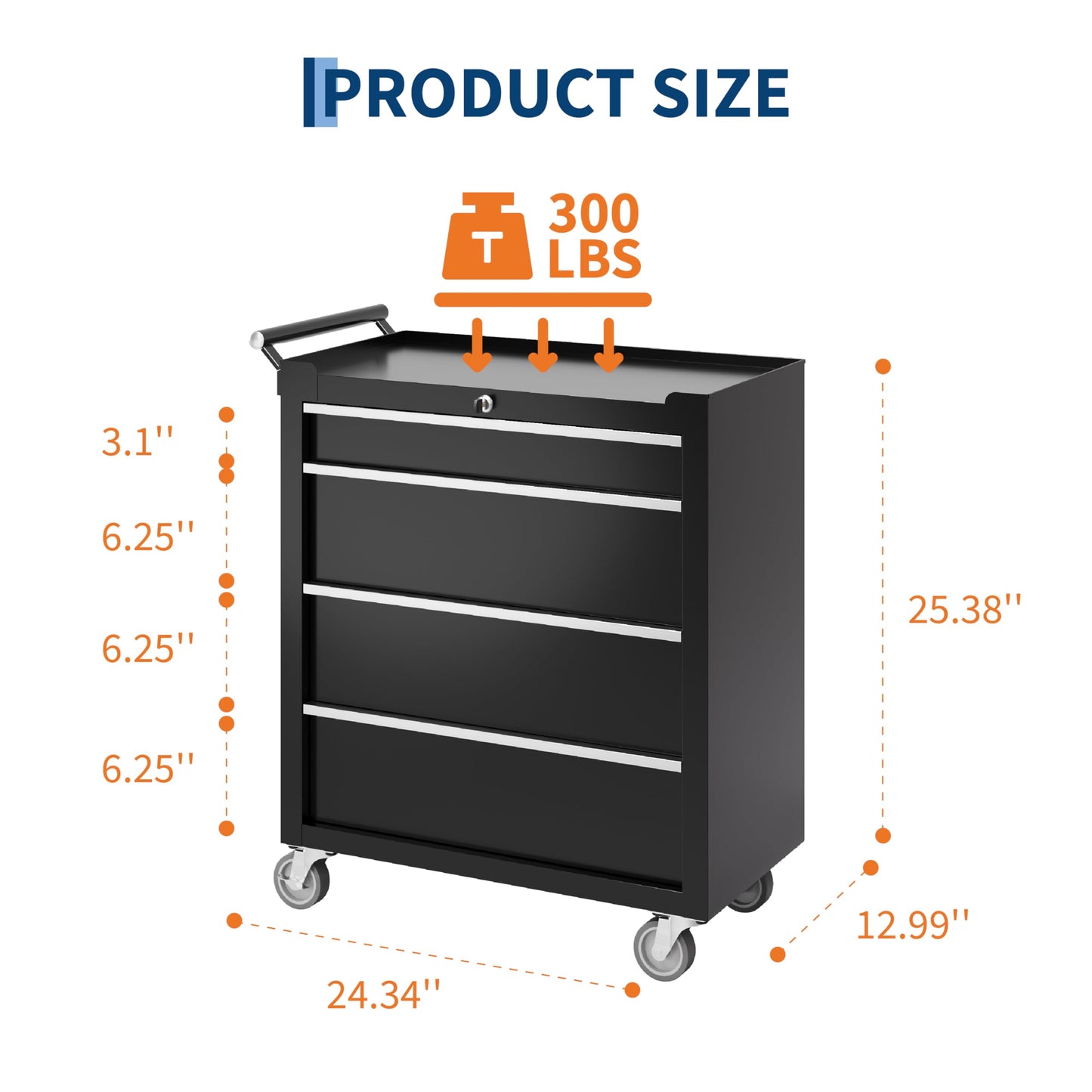 IDEALHOUSE Rolling Tool Chest, 4 Drawers Tool Storage Cabinet, Toolbox with Wheels, Portable Tool Cabinet Organizer with Locking System & Drawer Liners, Tool Storage Cart for Garage, Workshop, Black