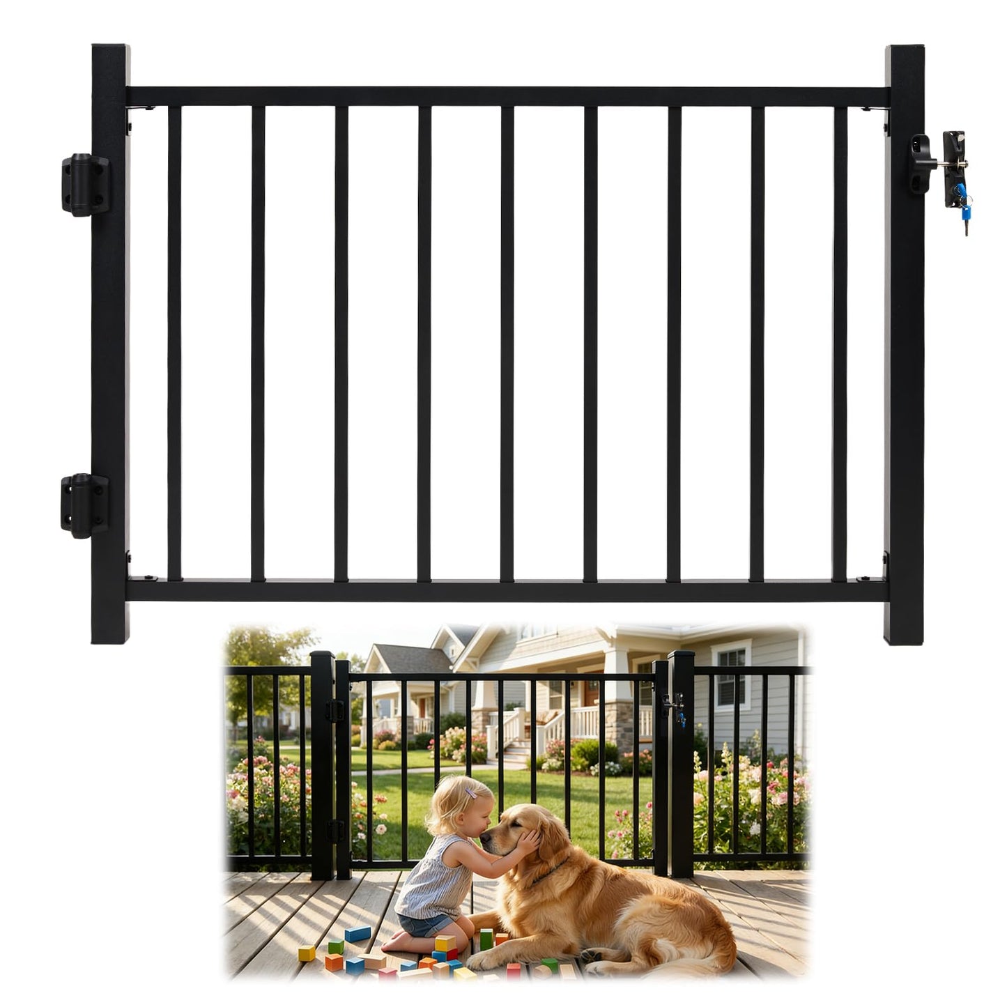 Aluminum Deck Gate Kit for Outdoor Safety, 36" H x 48" W Black Metal Gate Kit with Self-Closing Hinges & Latch, Aluminum Fence Gate for Pool, Porch, Yard, and Dog Protection