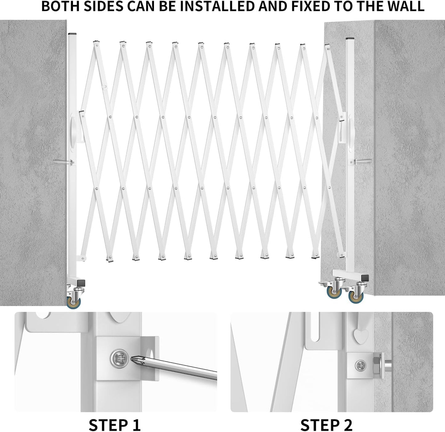 Expandable Barricade Gate,129” Metal Safety Barrier Gate with Casters,Accordion Garden Yard Outdoor Indoor Fence Folding Security Dog Gates Wall Mount,White