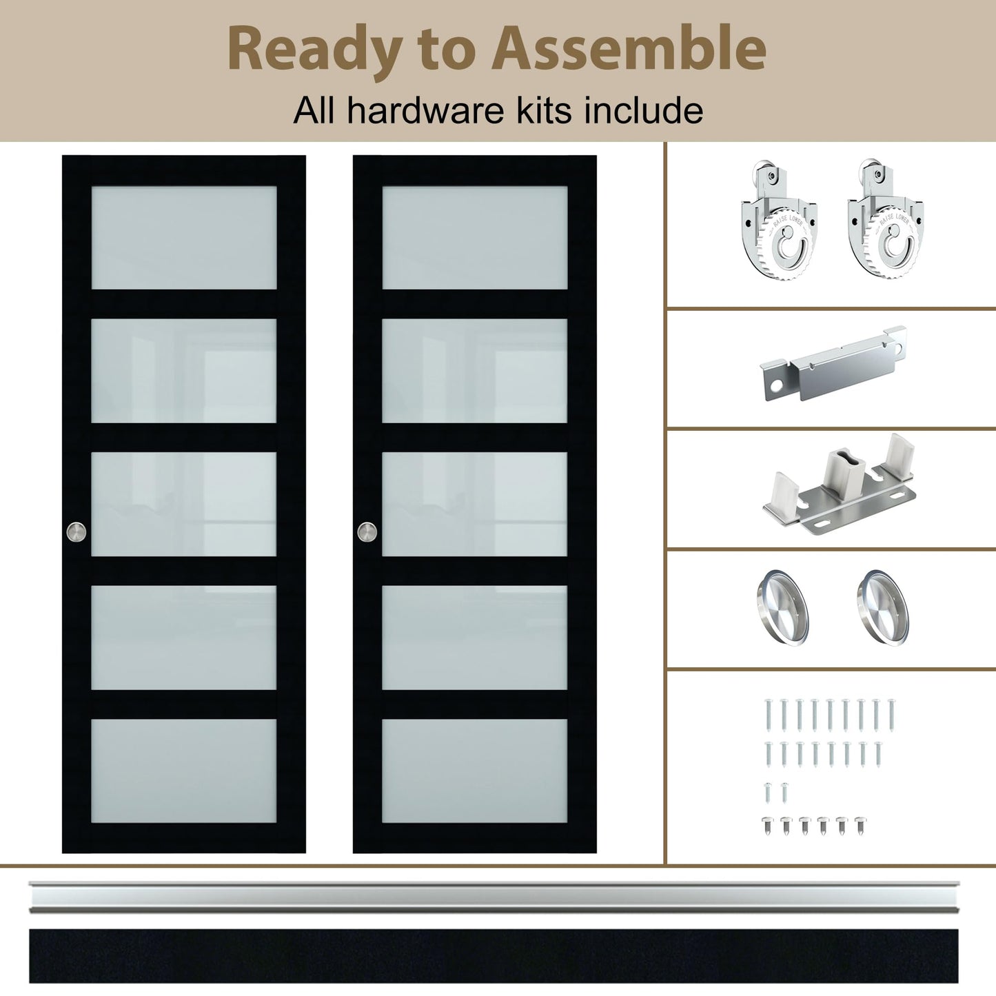 BARNSMITH 48x80 Sliding Closet Door, 5-Panels Preassembled Frosted Glass Door Panel with Hardware Kits & Matching Fascia, MDF Covered with Water-Proof & Anti-Scratch PVC Surface, Black