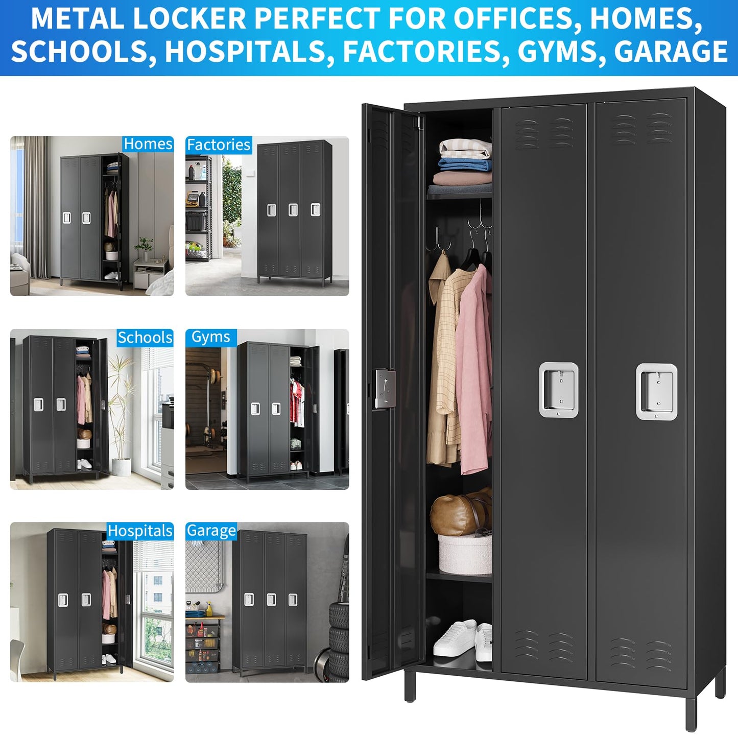 Garvee Metal Lockers for Employees 3 Doors, Office and Industrial Storage Cabinet, Double-Tier Metal Locker, Employee Metal Storage Unit, Suitable for Home, Office, Gym, School