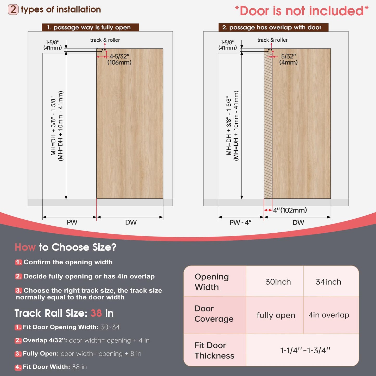 CEAKIAN 38" Concealed Sliding Barn Door Hardware Kit with Soft Close Mechanism for 30in Passage Opening, Hidden Aluminum Track System, Wall Mount for Interior Wooden Door (NO Door)