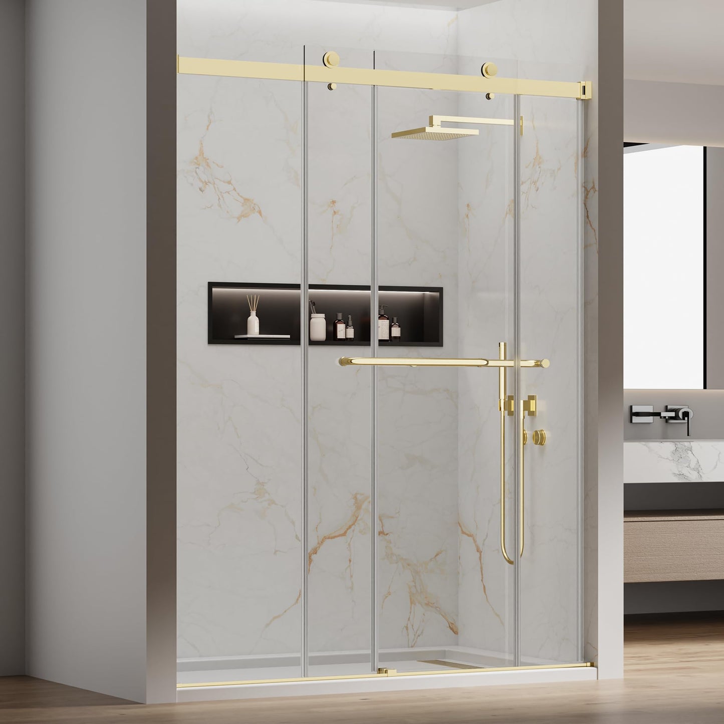 JONIVRAT 56-60" W x 76" H Double Sliding Shower Door, 5/16" (8mm) Clear Tempered Glass, Nano Coated for Easy Cleaning, Pull Handles Towel Rack, Stainless Steel Hardware (Brushed Gold)