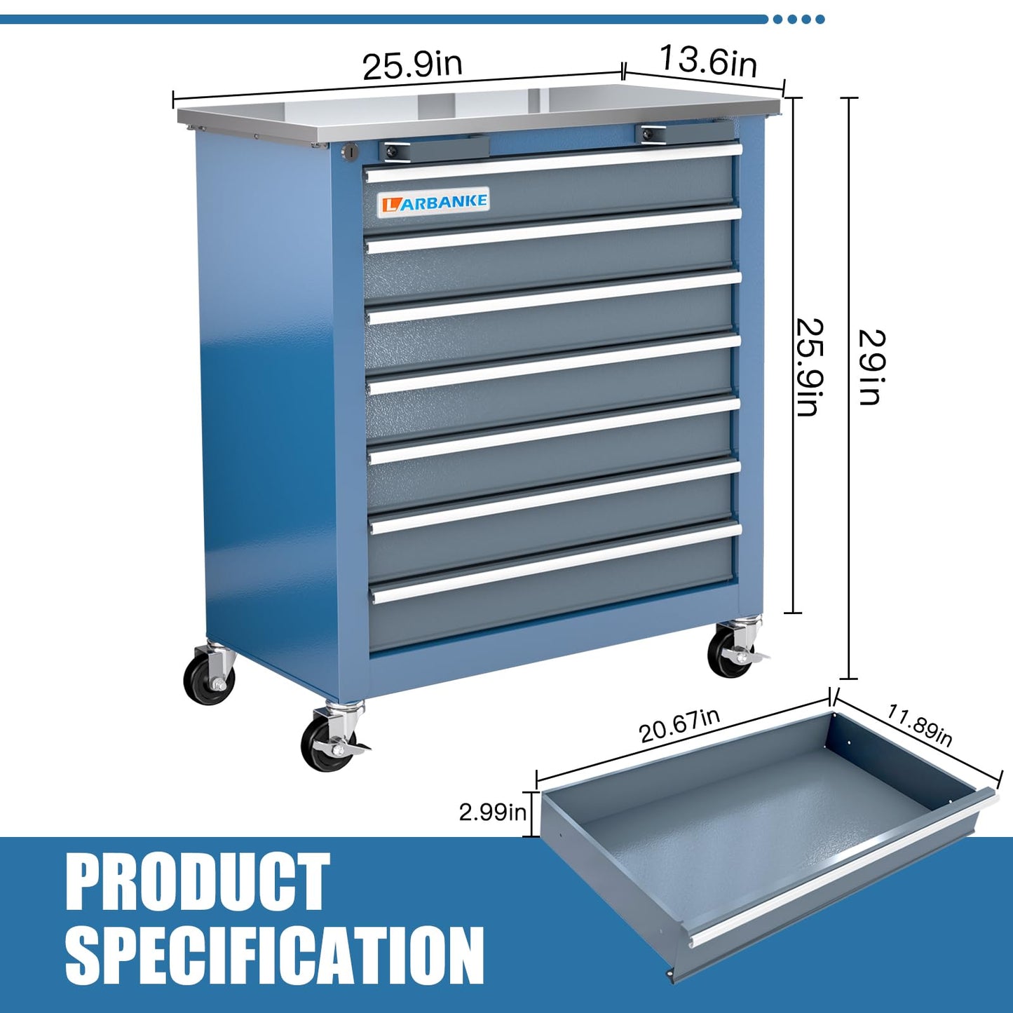 LARBANKE 7-Drawer Rolling Tool Chest with Stainless Steel Countertop,Tool Chest with Secure Locking System,Tool Cabinet with 360°Wheels and Padded Feet,for Home, Garage and Office