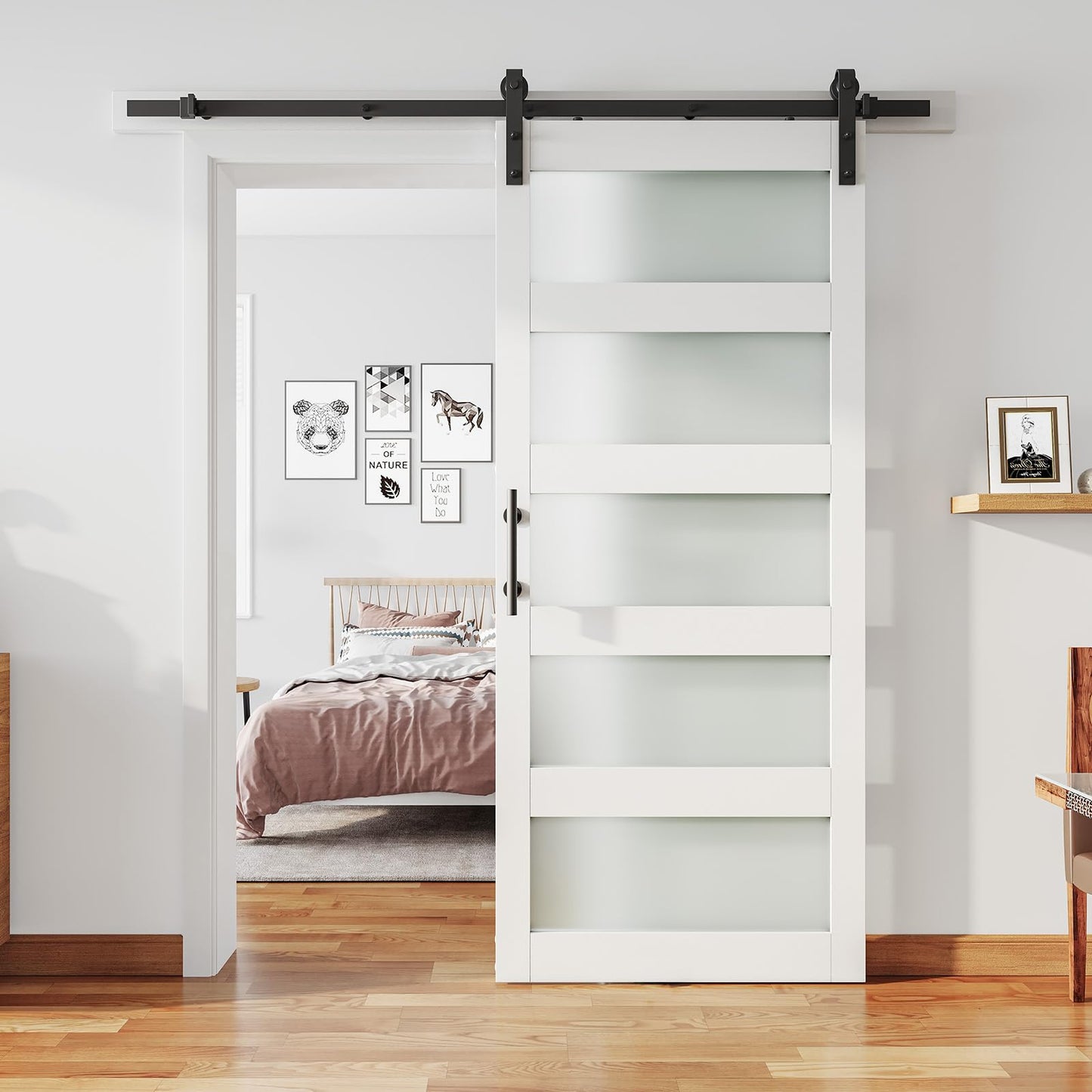 ALAMEDADT 36'' x 84'' Glass Barn Door and 6.6 Ft Hardware Kit Included, MDF White Barn Door Slab with Frosted Glass, PVC Surface, Combined with Handle and Floor Guide-Assembly Required, White