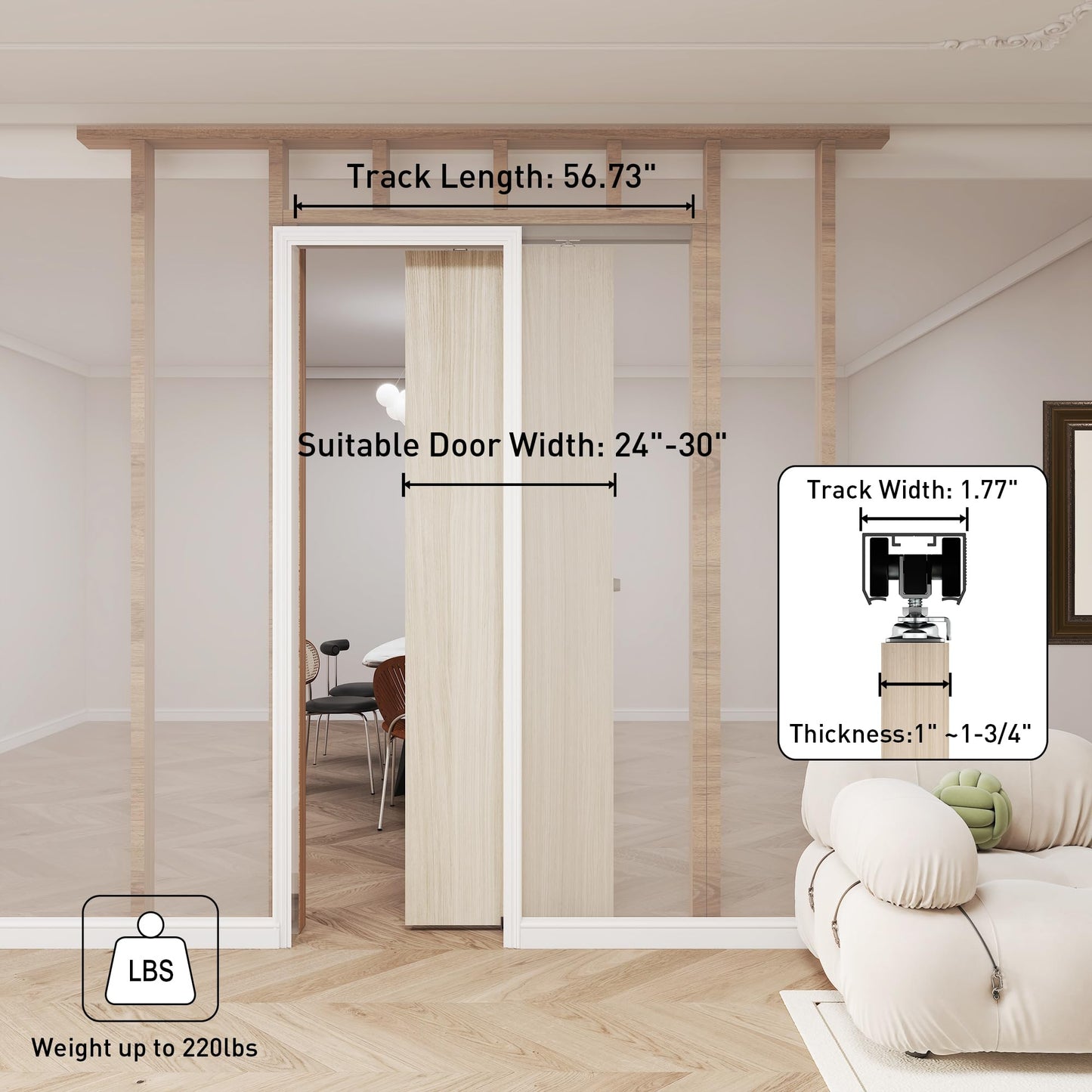 JUBEST 5FT Pocket Door Kit, Commercial Grade Sliding Pocket Door Hardware Kit, Aluminum Box Pocket Door Track 56.75", Sliding Door Kit for 24"~30" Wide Door, Black Pocket Door Hardware,Easy to Install
