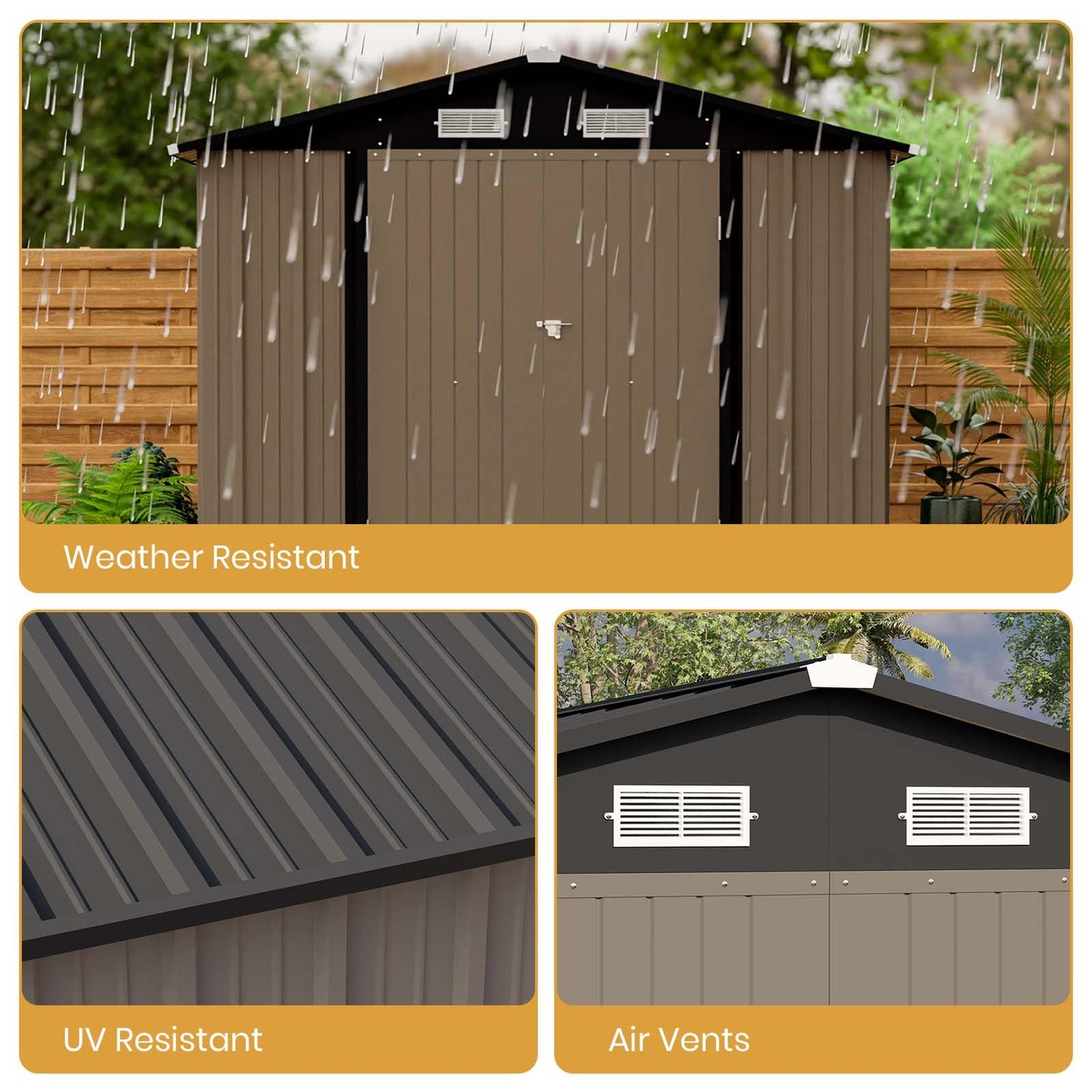 Patiowell 12 x 8 FT Outdoor Storage Shed, Steel Shed Storage House with Design of Lockable Doors, Utility and Tool Storage for Garden, Patio, Backyard, Outside use, Brown