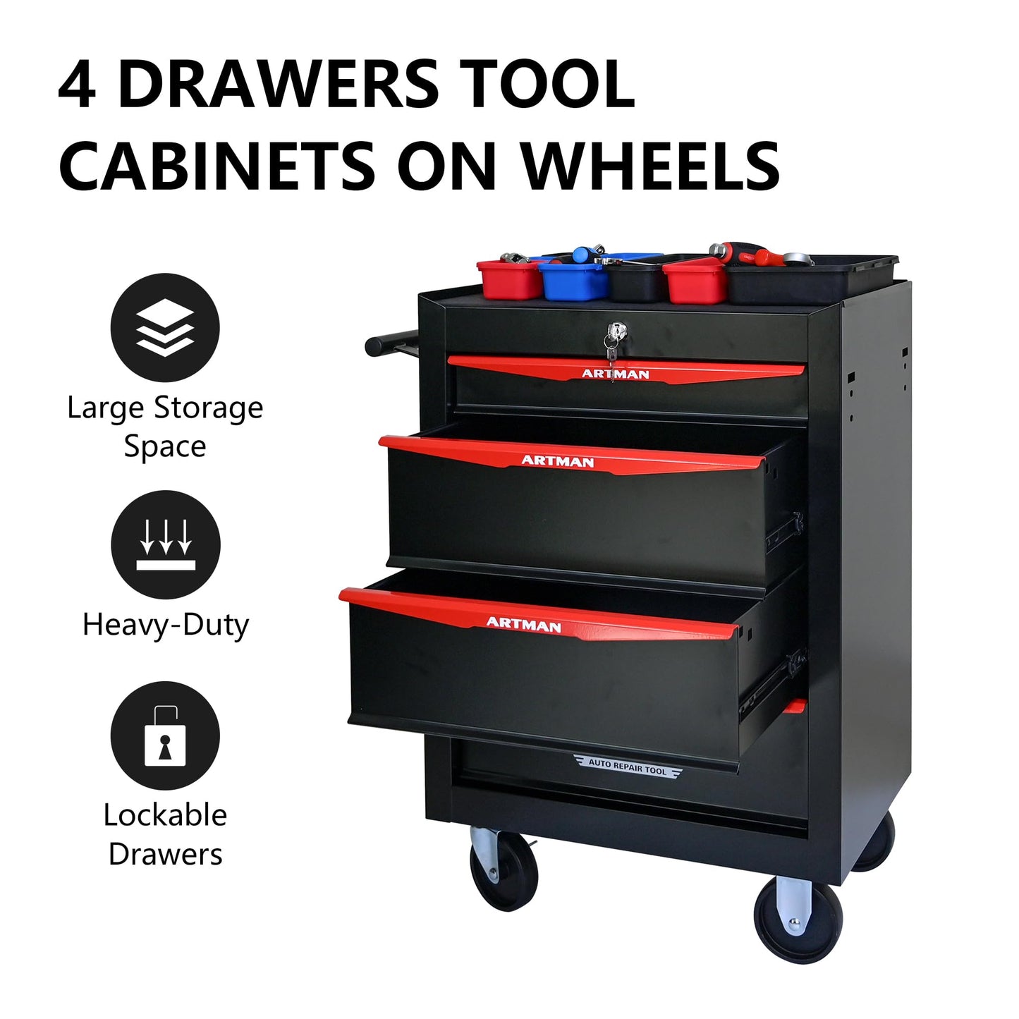 RYH 4/5/6/7 Drawers Rolling Tool Chest - Heavy Duty Mobile Tool Cart with Locking Wheels & Ball Bearing Drawers, 30.5" H x 20.9" W x13 D Garage Tool Storage Cabinet，Metal Tool Box (Black, 4 Drawers)