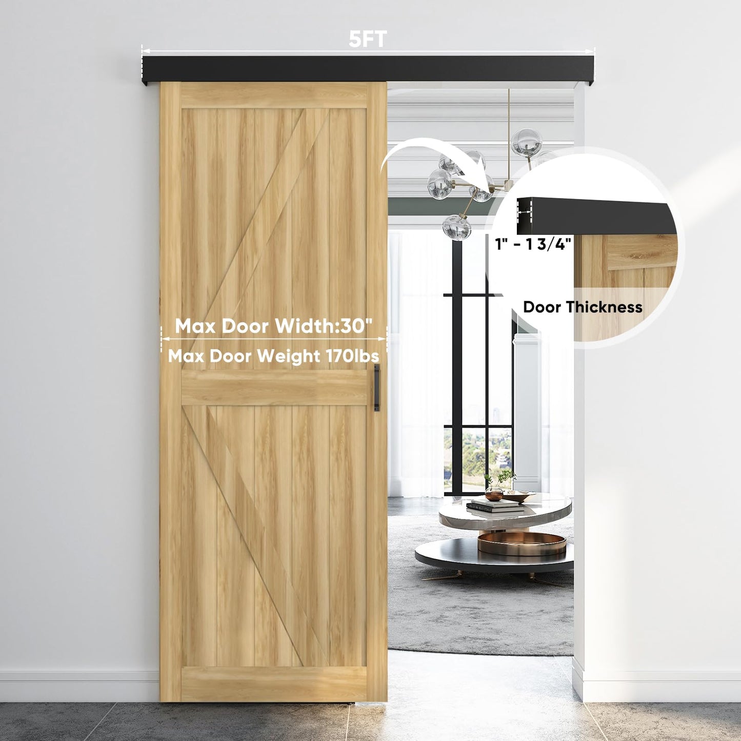 Barnsmith 5FT Barn Door Hardware Track Kit with Handles, Low Clearance Sliding Door Hardware, Aluminium Alloy Box Rail, Black (Door Panel No Indued)