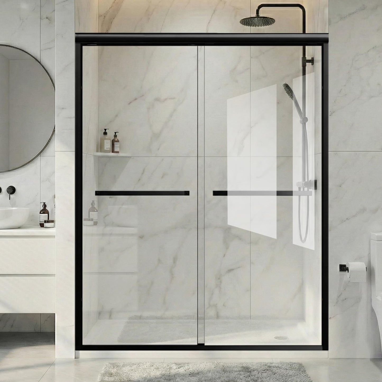 Double Sliding Shower Door 56-60 in W x 76 in H, 1/4"(6mm) Tempered Glass with Explosion-Proof Film and Nano Coating，Matte Black Semi-Frameless Shower Door