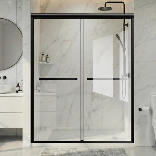 Double Sliding Shower Door 56-60 in W x 76 in H, 1/4"(6mm) Tempered Glass with Explosion-Proof Film and Nano Coating，Matte Black Semi-Frameless Shower Door