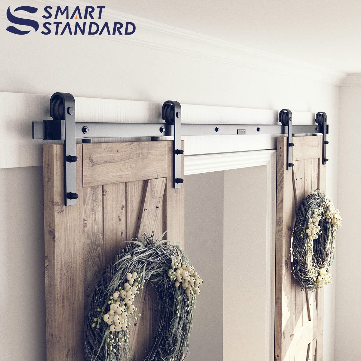 SMARTSTANDARD 8 FT Double Barn Door Hardware Kit, Sliding Door Track-Smoothly and Quietly -Includes Detailed Installation Fit 24" Wide Doorpanel (J Shape Hanger) Black