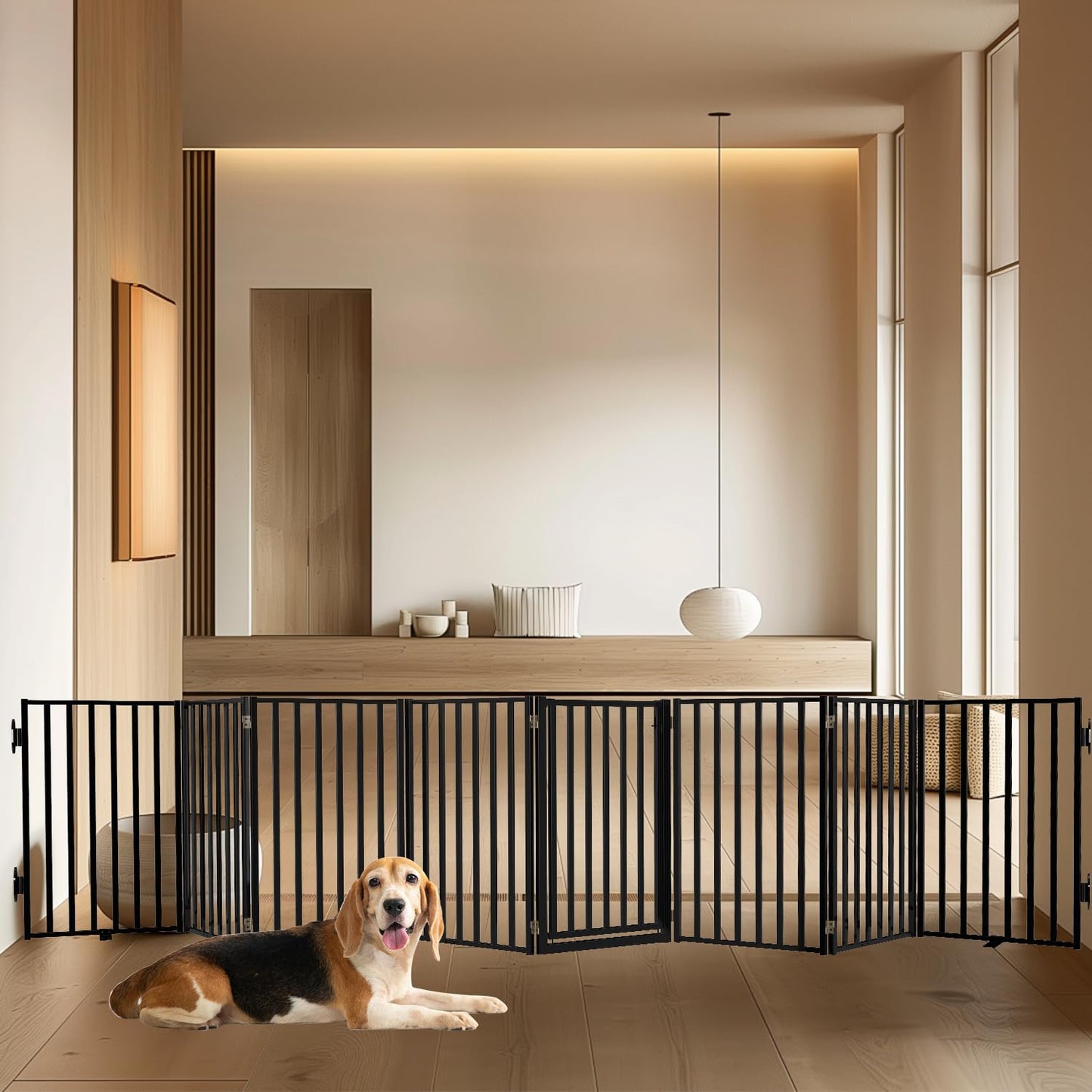 Full Metal Freestanding Dog Gates with Door, 32" Height Dog Fences for Indoor & Outdoor, Extra Wide Foldable Pet Gates for Stairs, Hallways, Doorways, Yard (8 Panels, 160" W × 32" H)