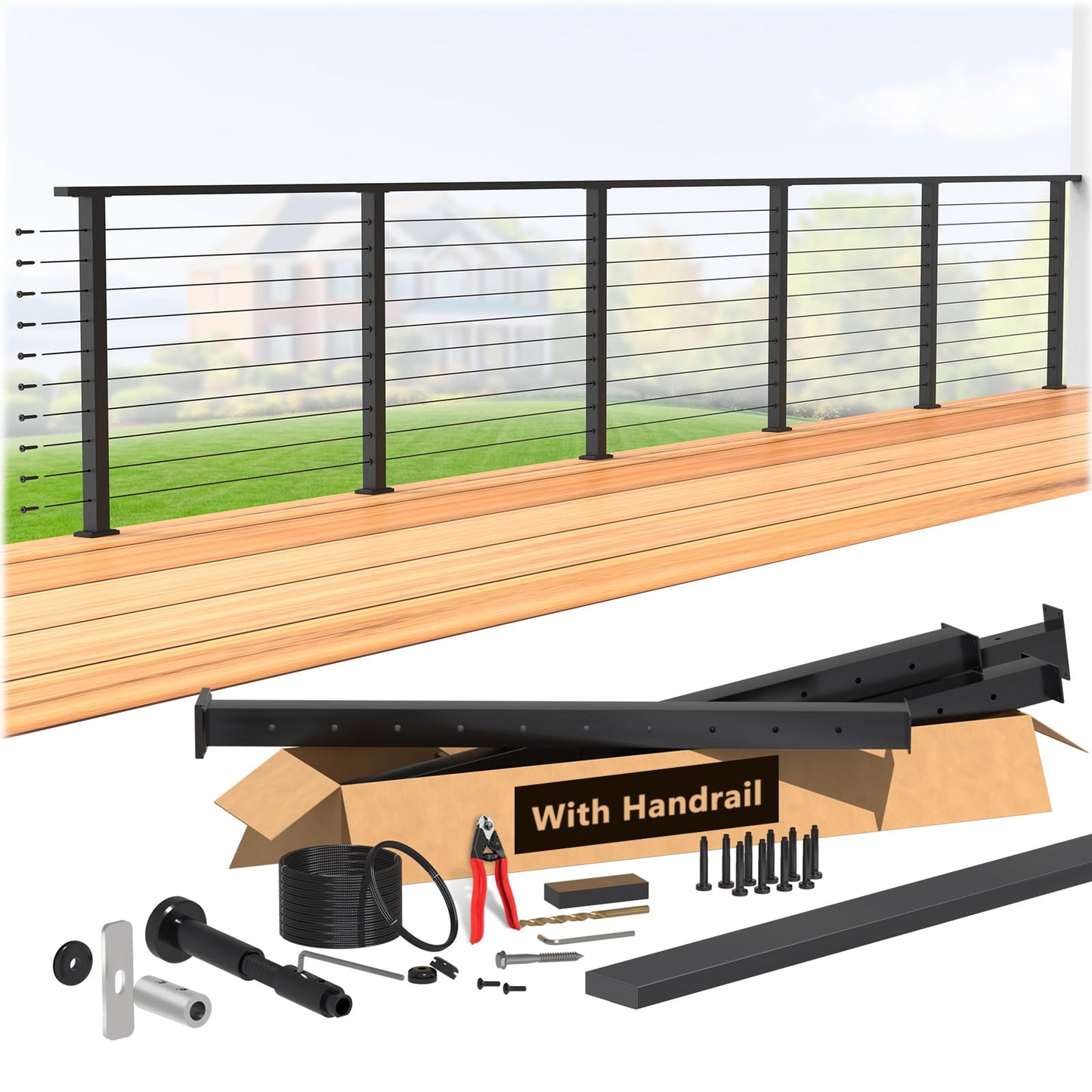 Zylorix 36" Swageless 16-20FT Black Complete Cable Railing System Post Kit with Handrail Cuttable, T304 Stainless Steel, Modular Pre-Cut 1/10" Cable Railing Kit with Level Post Easy DIY for Deck Porch