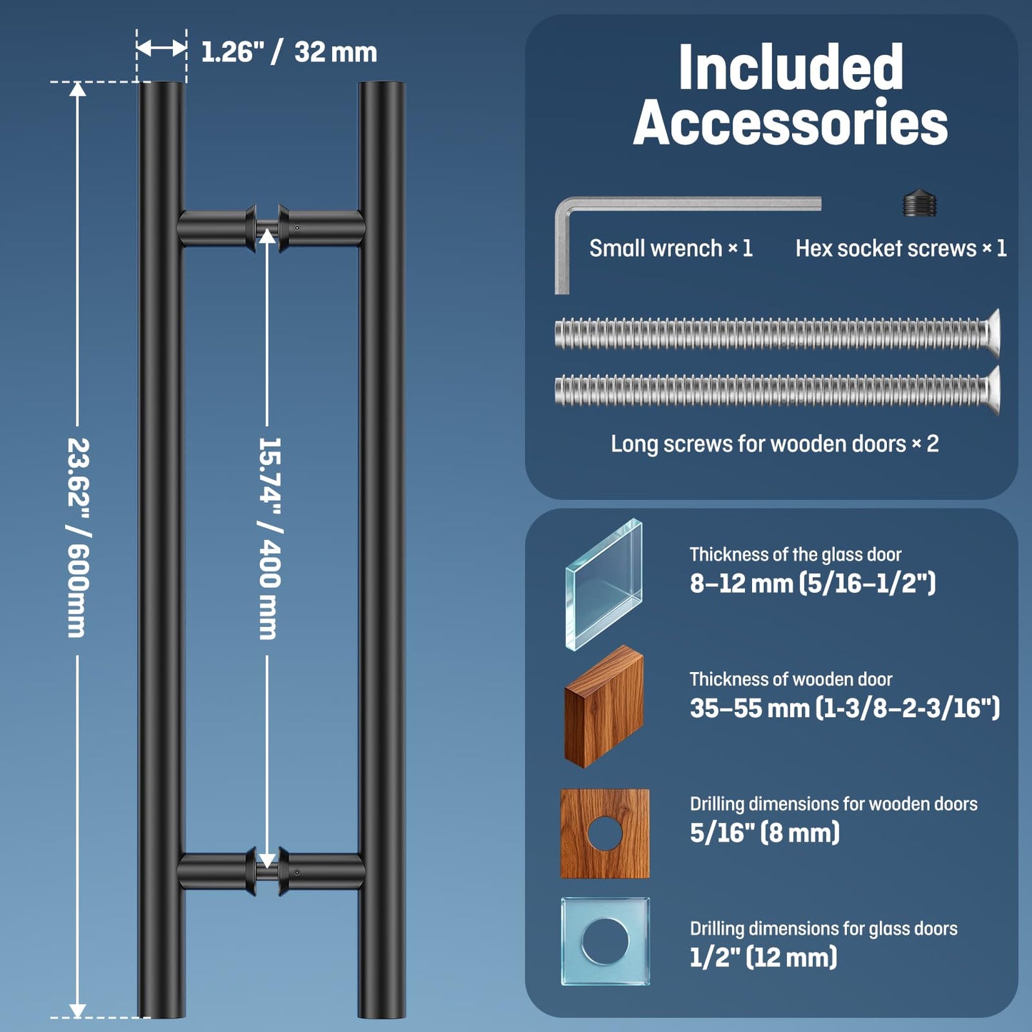 Ranbo 24" Overall Length Anti-Fingerprint Matte Black Back-to-Back Door Pull Handle, 15-3/4" (400 mm) Hole Spacing, 1.2 mm 304 Stainless Steel for Shower Glass, Barn and Wood Doors