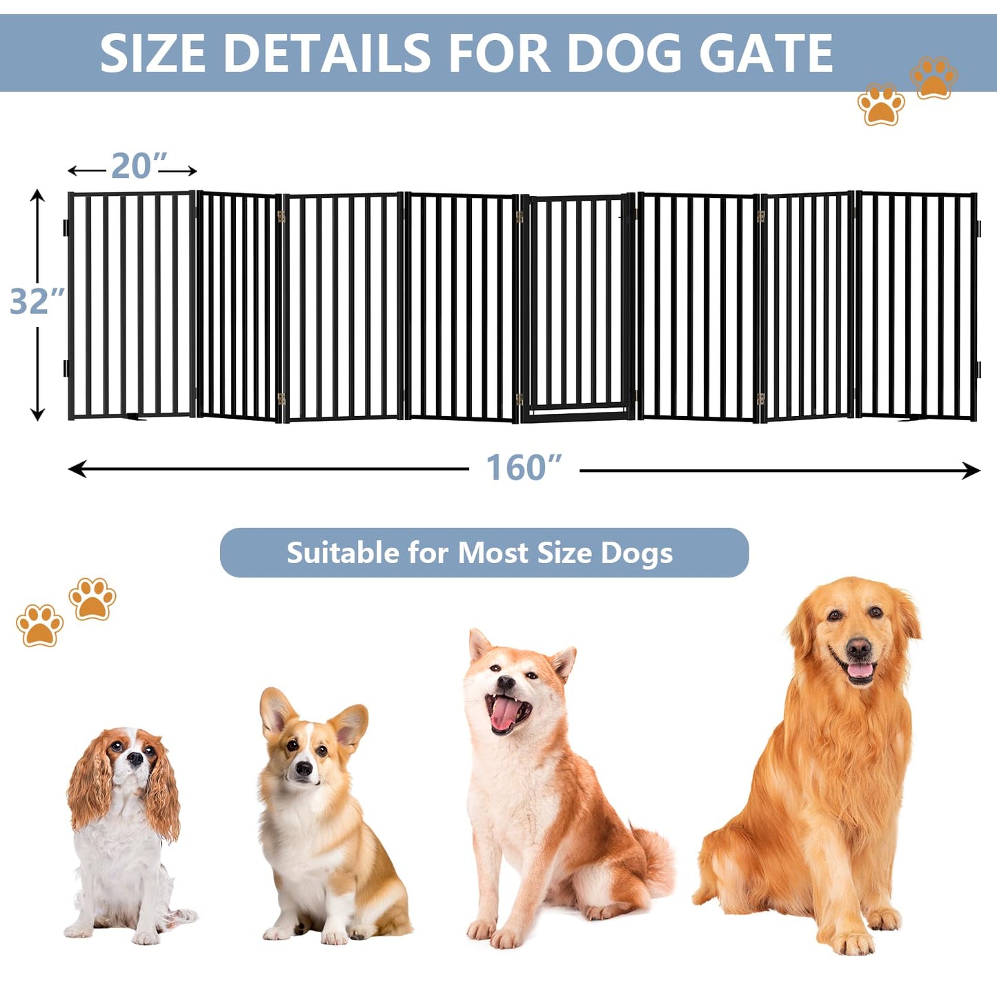 Full Metal Freestanding Dog Gates with Door, 32" Height Dog Fences for Indoor & Outdoor, Extra Wide Foldable Pet Gates for Stairs, Hallways, Doorways, Yard (8 Panels, 160" W × 32" H)