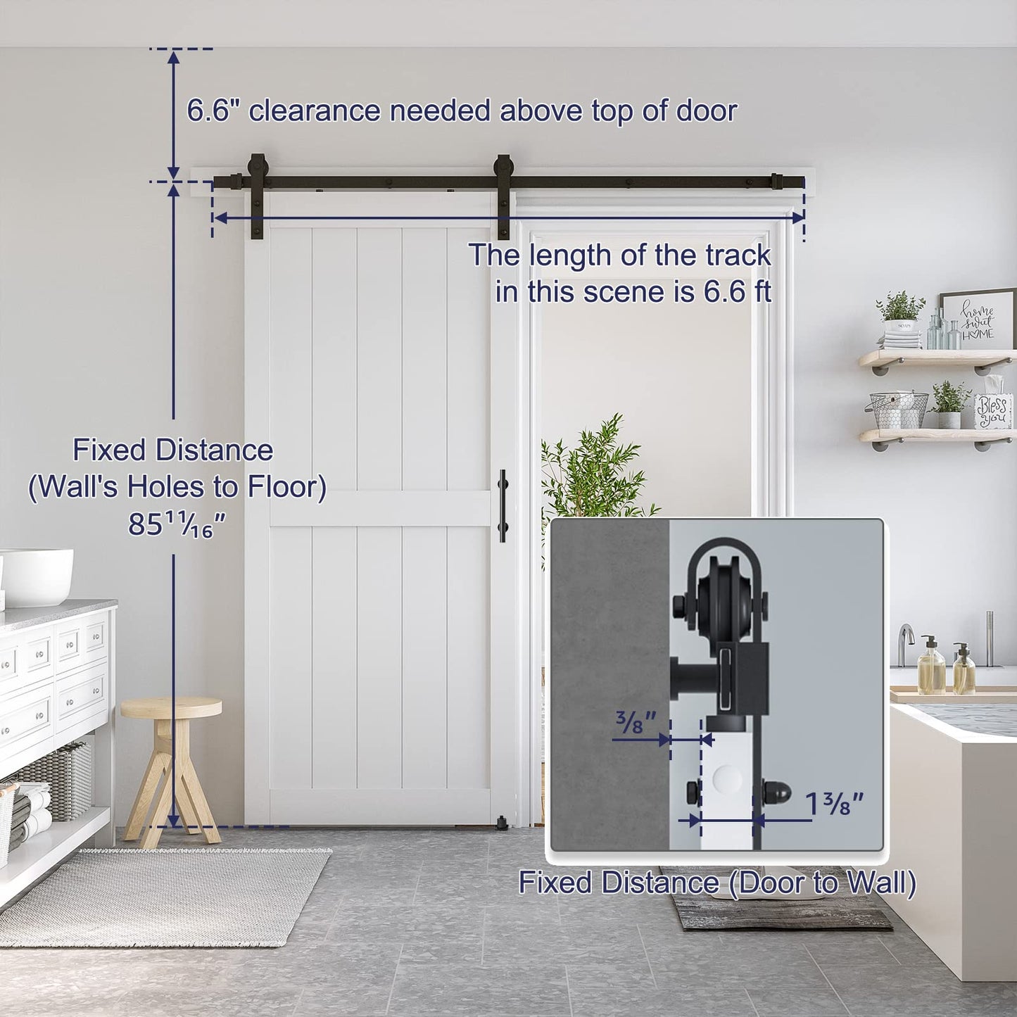 SmartStandard 36 x 84 inch White Sliding MDF Barn Door with 6.6FT Black Sliding Door Hardware Kit & Handle, Pre-Drilled Ready to Assemble, Waterproof PVC Coating, H-Frame