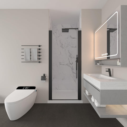 GDGZQD 27-29" W x 72" H Frameless Pivot Shower Door, 1/4" (6mm) Clear SGCC Tempered Glass Shower Door, Pivot Swing Shower Glass Door in Matte Black Finish, Reversible Installation