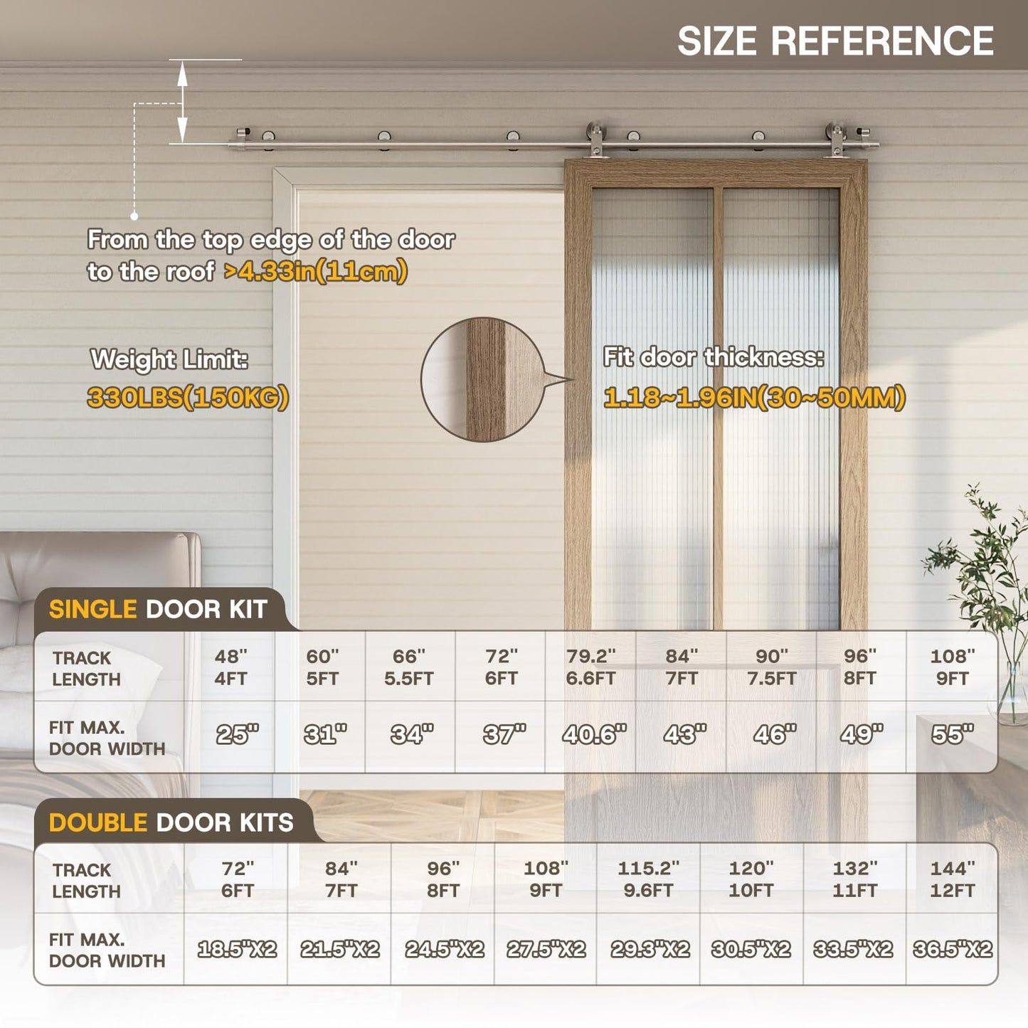 WINOVERCO 96"/8FT Top Mount Sliding Barn Door Hardware Kit Stainless Steel, Heavy Duty, Smoothly and Quietly, Barn Door Track Fit Max. 24.5"×2 Wide Double Door, Easy to Install (Panel not Included)