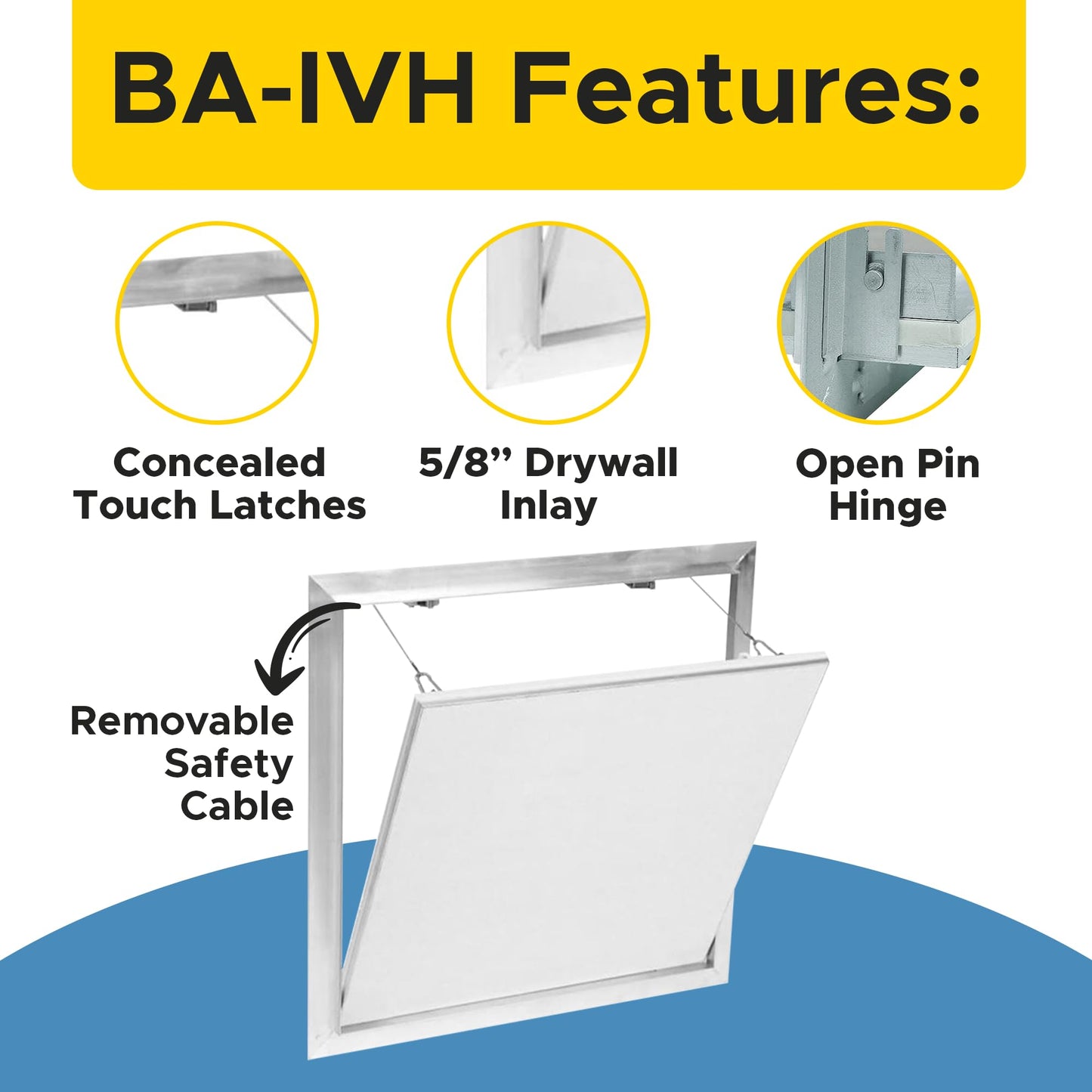 Best 12” x 12” Drywall Inlay Access Panel with Fully Detachable Hatch, 5/8” Inlayed Drywall with Touch Latches, Invisa Hatch™ Access Door with Open Pin Hinge, Welded Mill Finish, BA-IVH