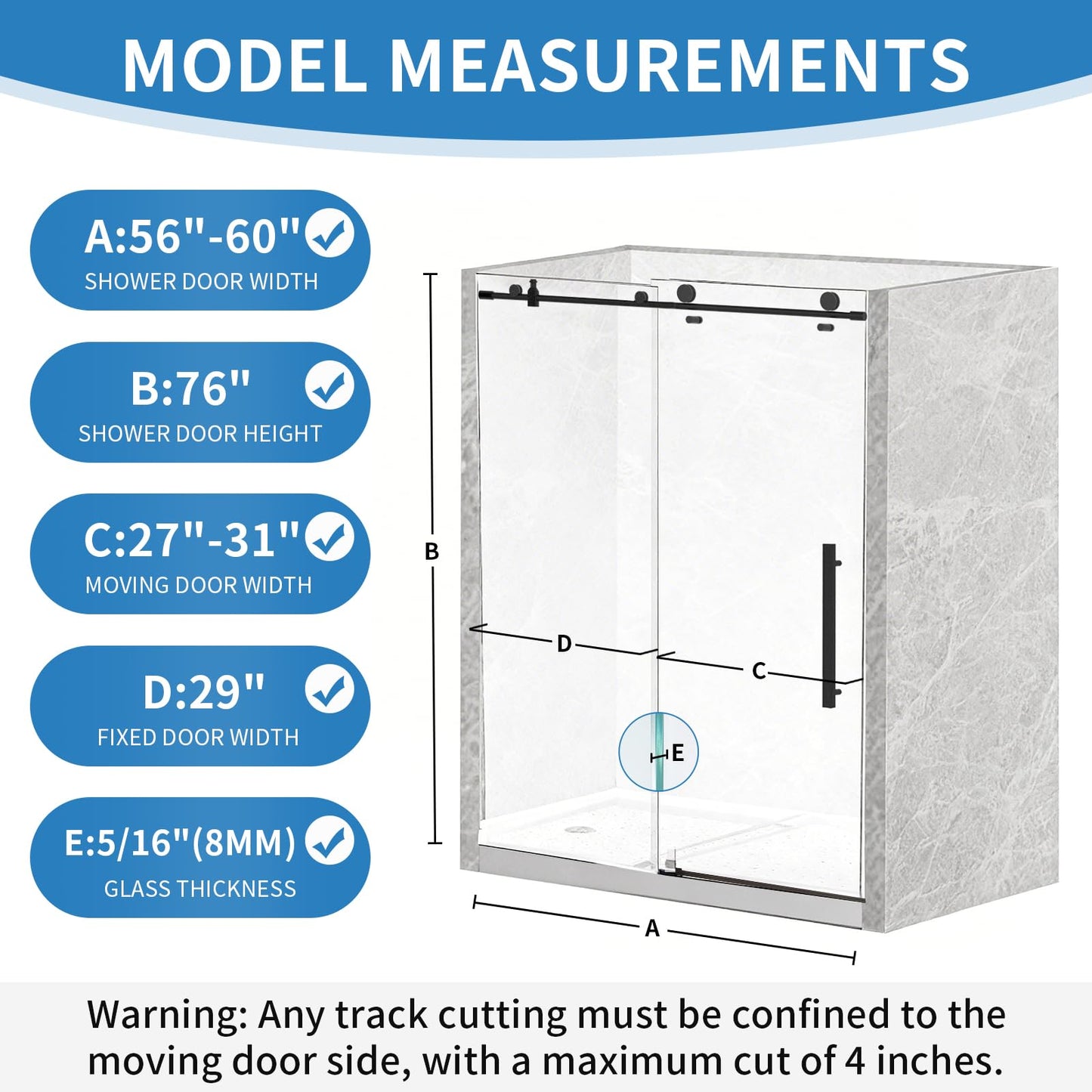 LetLuck 56-60" W x 76" H Frameless Shower Door, with Explosion-Proof Nano Coating, Matte Black Hardware, 5/16" (8mm) Thickness SGCC Certified Tempered Glass - Ideal for Walk-in Showers