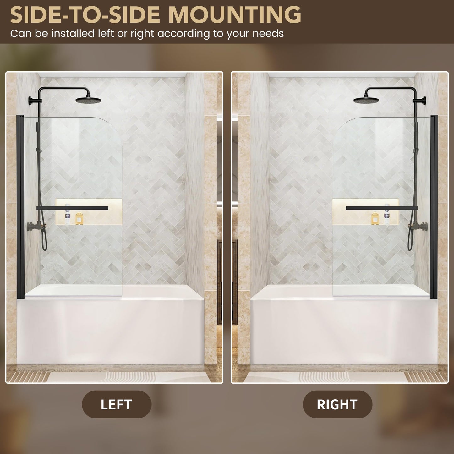 Bathtub Shower Door, 34" W x 58" H Hinged Bathtub Glass Door Semi-Frameless Bypass 1/4"(6mm) Tempered Glass Shower Door with Explosion-Proof Film Stainless Steel Matte Black