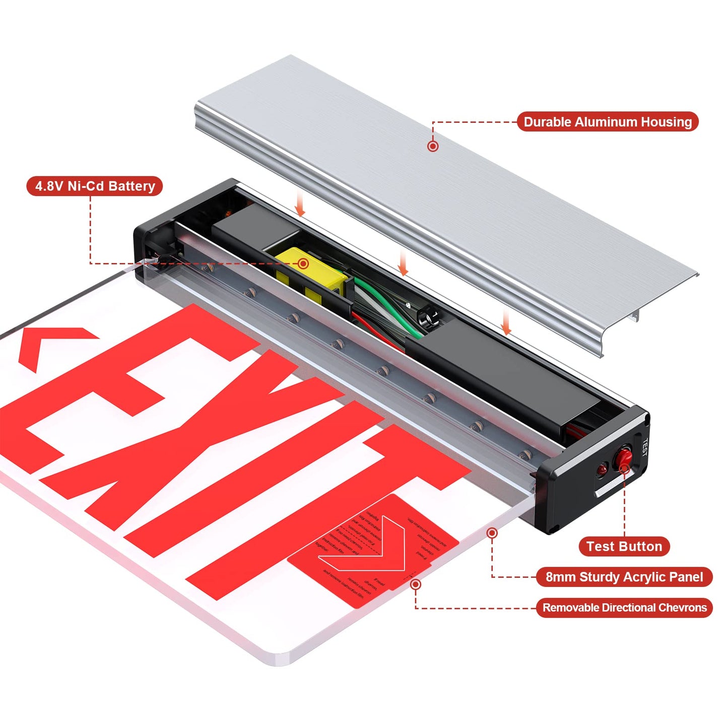 Red LED Edge Lit Exit Sign UL Listed, Brushed Aluminum Housing Single Sided Clear Acrylic Emergency Exit Signs with Battery Backup, AC 120-347V Hardwired Exit Lights, Top/Side/Wall Mount (4 Pack)