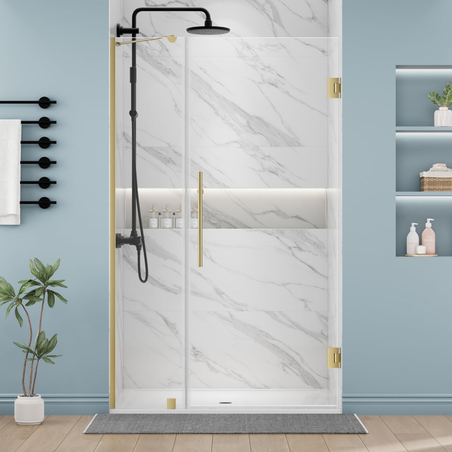 DELAVIN 40-40.5" W x 72" H Frameless Glass Shower Door Adjustable, Hinged Shower Door with Ultra Clear Tempered Glass, Explosion-Proof Film, Pivot Shower Door with Seal Strip and Handle, Gold